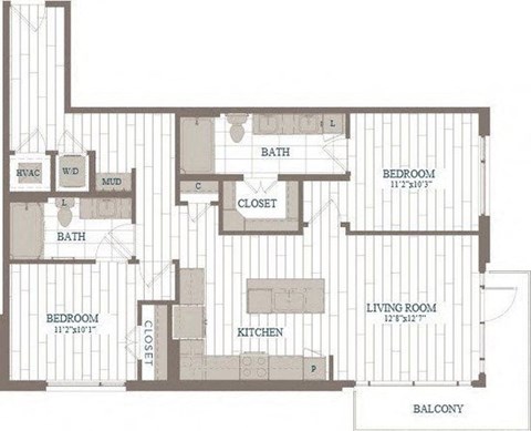 Floor plan for 2 beds, 2 baths, 1076 sqft